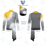 Front and back views of a long-sleeve performance uniform with a yellow mock turtleneck collar, a gray gradient design featuring a white sunburst graphic, and a black lower section with star-like accents, displayed alongside a matching shako wrap on a white background with a stylized logo above.