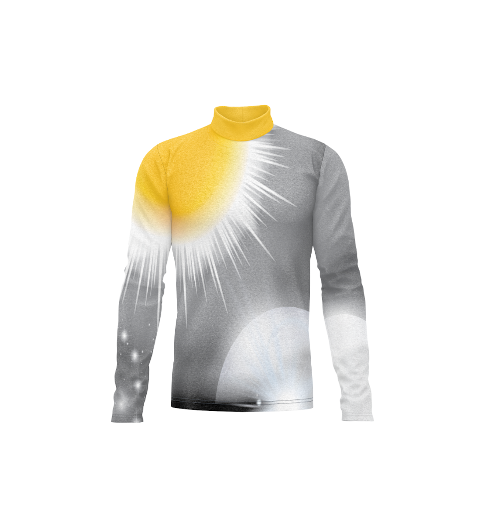 Front view of a long-sleeve performance uniform with a yellow mock turtleneck collar, a gray gradient body featuring a white sunburst graphic across the chest, and subtle star-like accents near the lower sleeve and hem, displayed on a white background.