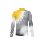 Front view of a long-sleeve performance uniform with a yellow mock turtleneck collar, a gray gradient body featuring a white sunburst graphic across the chest, and subtle star-like accents near the lower sleeve and hem, displayed on a white background.