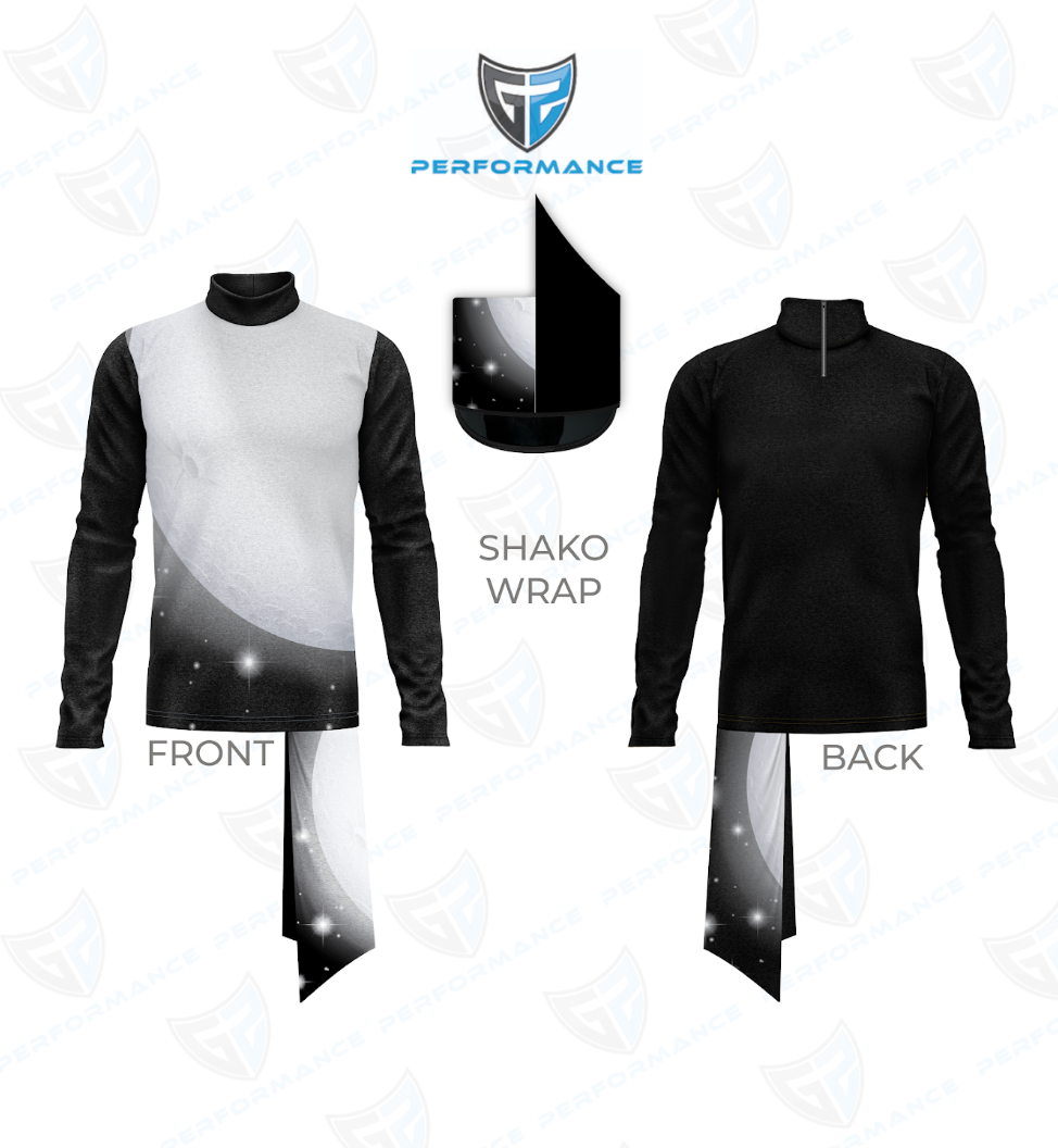 A black and white long-sleeve athletic top shown from the front and back, with a small inset demonstrating a black shako wrap applied to the back hem. The image includes a shield logo at the top and labels indicating FRONT, BACK, and SHAKO WRAP.