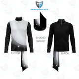 A black and white long-sleeve athletic top shown from the front and back, with a small inset demonstrating a black shako wrap applied to the back hem. The image includes a shield logo at the top and labels indicating FRONT, BACK, and SHAKO WRAP.