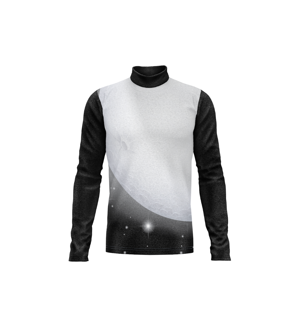 A long-sleeve mock neck shirt with a black and white graphic print featuring a large moon and stars, shown on a plain white background.