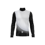 A long-sleeve mock neck shirt with a black and white graphic print featuring a large moon and stars, shown on a plain white background.