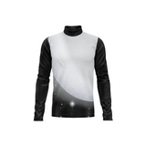A long-sleeve mock neck shirt with a black and white graphic print featuring a large moon and stars, shown on a plain white background.