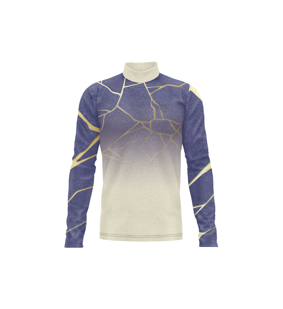 Front view of a long-sleeve performance uniform featuring a white mock turtleneck collar, a purple upper section fading to cream, and an abstract gold geometric pattern extending across the torso and sleeves, shown on a white background.