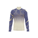 Front view of a long-sleeve performance uniform featuring a white mock turtleneck collar, a purple upper section fading to cream, and an abstract gold geometric pattern extending across the torso and sleeves, shown on a white background.