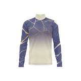 Front view of a long-sleeve performance uniform featuring a white mock turtleneck collar, a purple upper section fading to cream, and an abstract gold geometric pattern extending across the torso and sleeves, shown on a white background.
