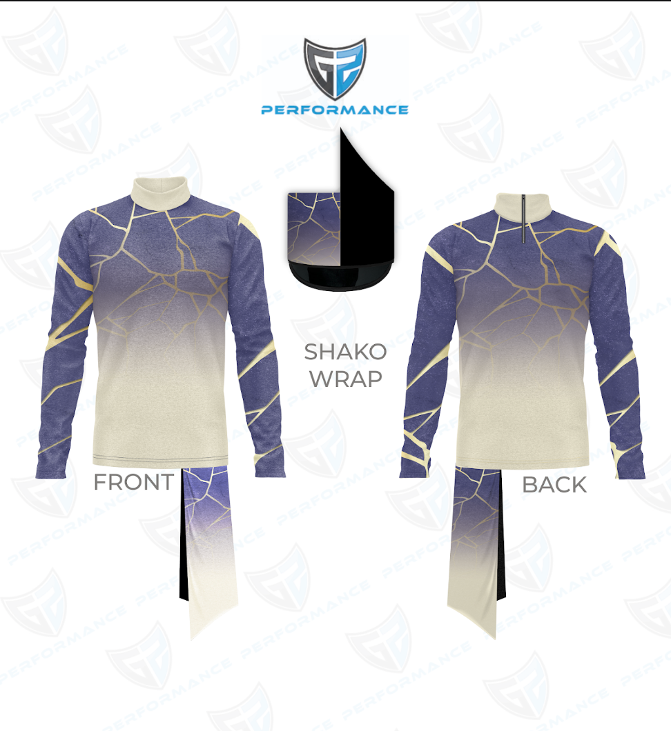 Front and back views of a long-sleeve performance uniform with a white mock turtleneck collar, a purple-to-cream gradient design, and gold geometric line accents, displayed alongside a matching shako wrap on a white background with a stylized logo above.