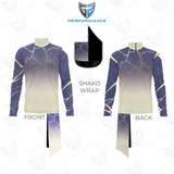 Front and back views of a long-sleeve performance uniform with a white mock turtleneck collar, a purple-to-cream gradient design, and gold geometric line accents, displayed alongside a matching shako wrap on a white background with a stylized logo above.