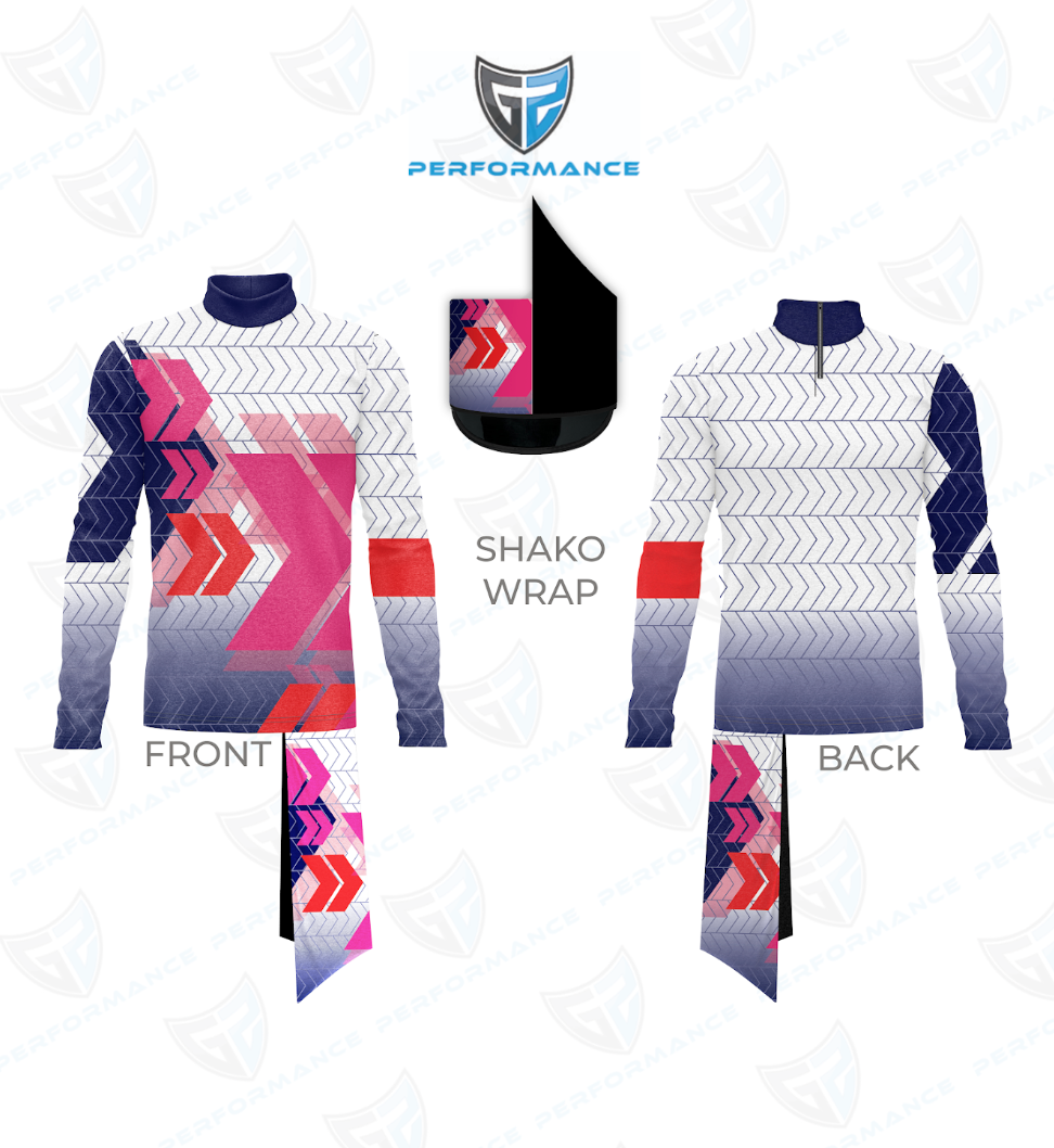 A custom printed cycling jersey mockup showing front and back views with a matching shako wrap, featuring a white and navy chevron pattern with pink and red gradient accents.