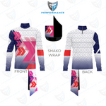 A custom printed cycling jersey mockup showing front and back views with a matching shako wrap, featuring a white and navy chevron pattern with pink and red gradient accents.