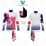 A custom printed cycling jersey mockup showing front and back views with a matching shako wrap, featuring a white and navy chevron pattern with pink and red gradient accents.