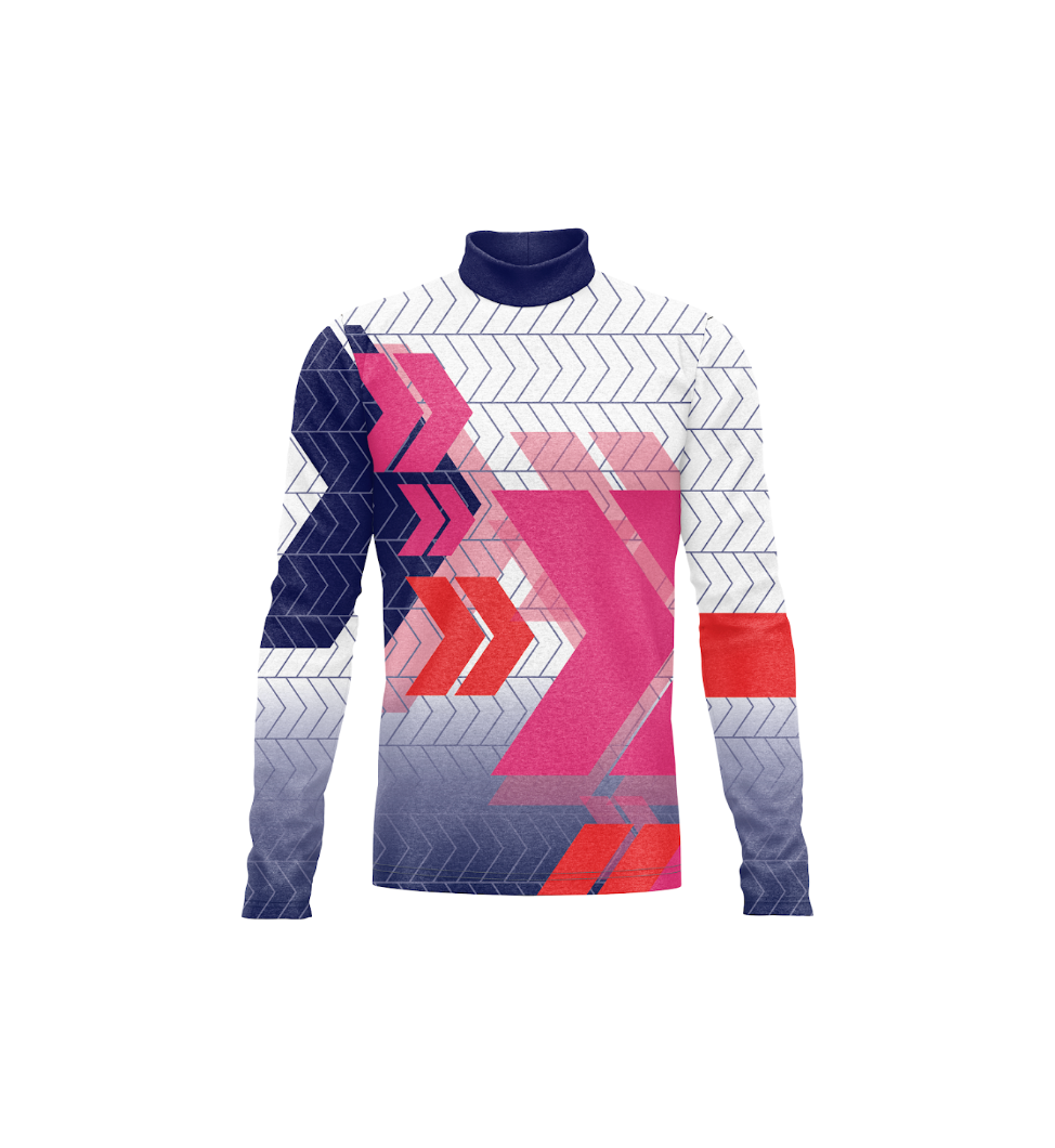 A long-sleeve athletic top with a geometric pattern in pink, orange, navy blue, and white, featuring a mock neck collar.