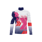 A long-sleeve athletic top with a geometric pattern in pink, orange, navy blue, and white, featuring a mock neck collar.