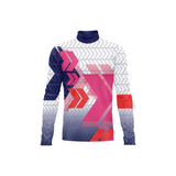 A long-sleeve athletic top with a geometric pattern in pink, orange, navy blue, and white, featuring a mock neck collar.