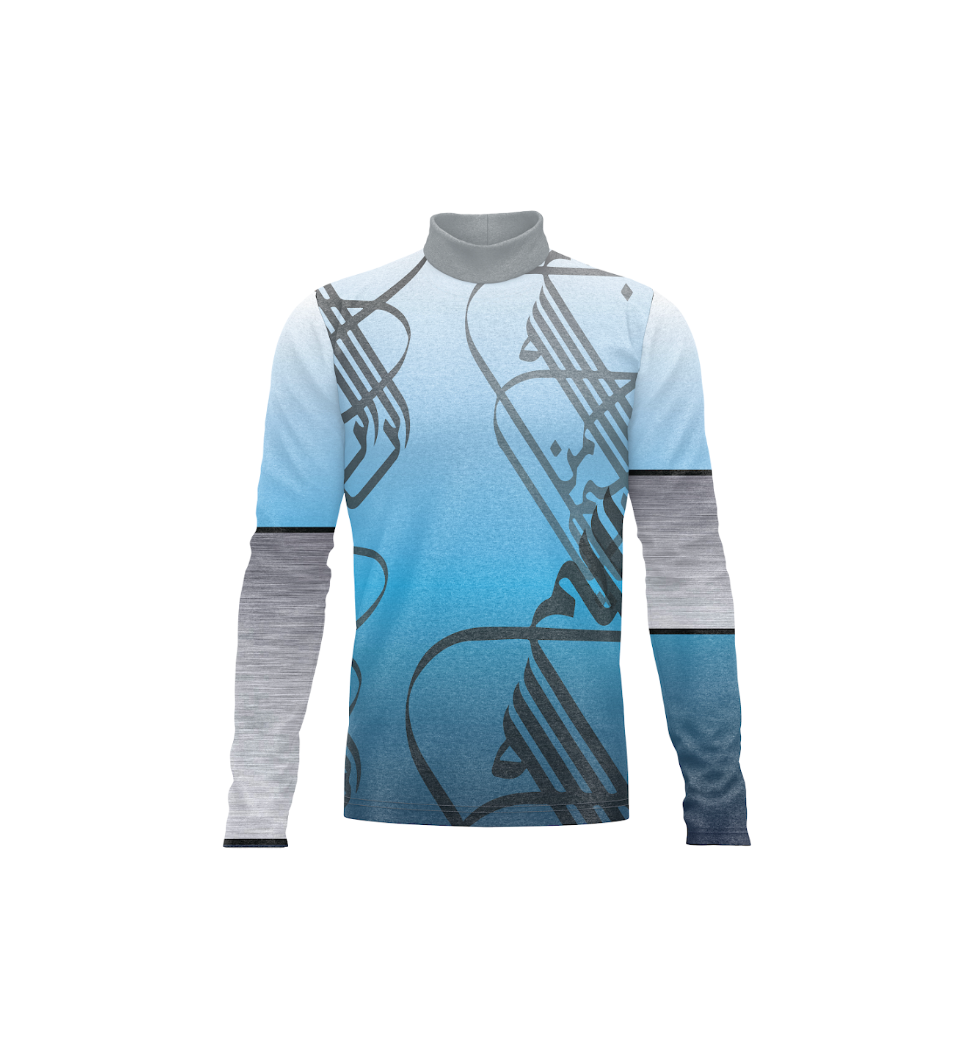 A long-sleeve mock neck shirt with a blue gradient body, gray sleeves, and a black abstract line pattern, shown on a plain white background.