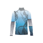A long-sleeve mock neck shirt with a blue gradient body, gray sleeves, and a black abstract line pattern, shown on a plain white background.