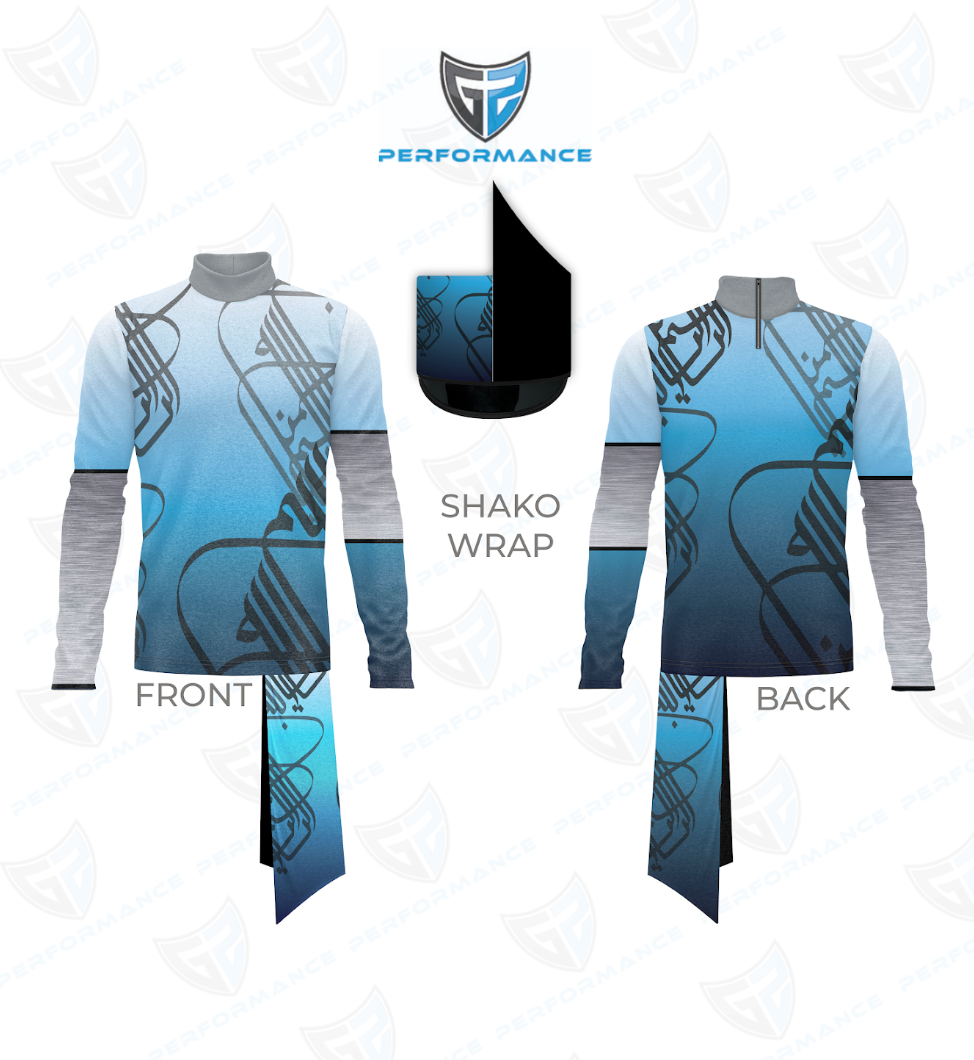 A cycling jersey mockup showing front and back views with a separate shaded wrap panel above, labeled 'SHAKO WRAP,' on a white background with faint watermark logos. The jersey has a blue gradient body with black abstract line graphics and gray sleeves.