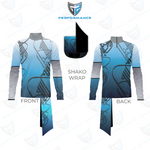 A cycling jersey mockup showing front and back views with a separate shaded wrap panel above, labeled 'SHAKO WRAP,' on a white background with faint watermark logos. The jersey has a blue gradient body with black abstract line graphics and gray sleeves.