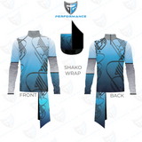 A cycling jersey mockup showing front and back views with a separate shaded wrap panel above, labeled 'SHAKO WRAP,' on a white background with faint watermark logos. The jersey has a blue gradient body with black abstract line graphics and gray sleeves.