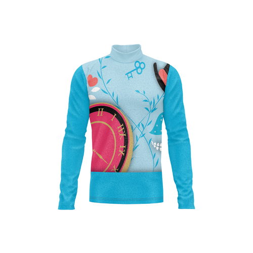 A long-sleeve mock neck shirt with a light blue base and a whimsical graphic print featuring a pink clock, a key, a small heart, and delicate blue floral details.