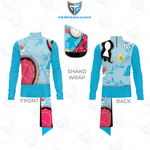 A custom printed athletic performance jersey set shown on a white background with front and back views, a separate shako wrap, and a logo at the top. The jersey has a light blue base with a multicolor graphic print featuring pink, black, white, and yellow elements.