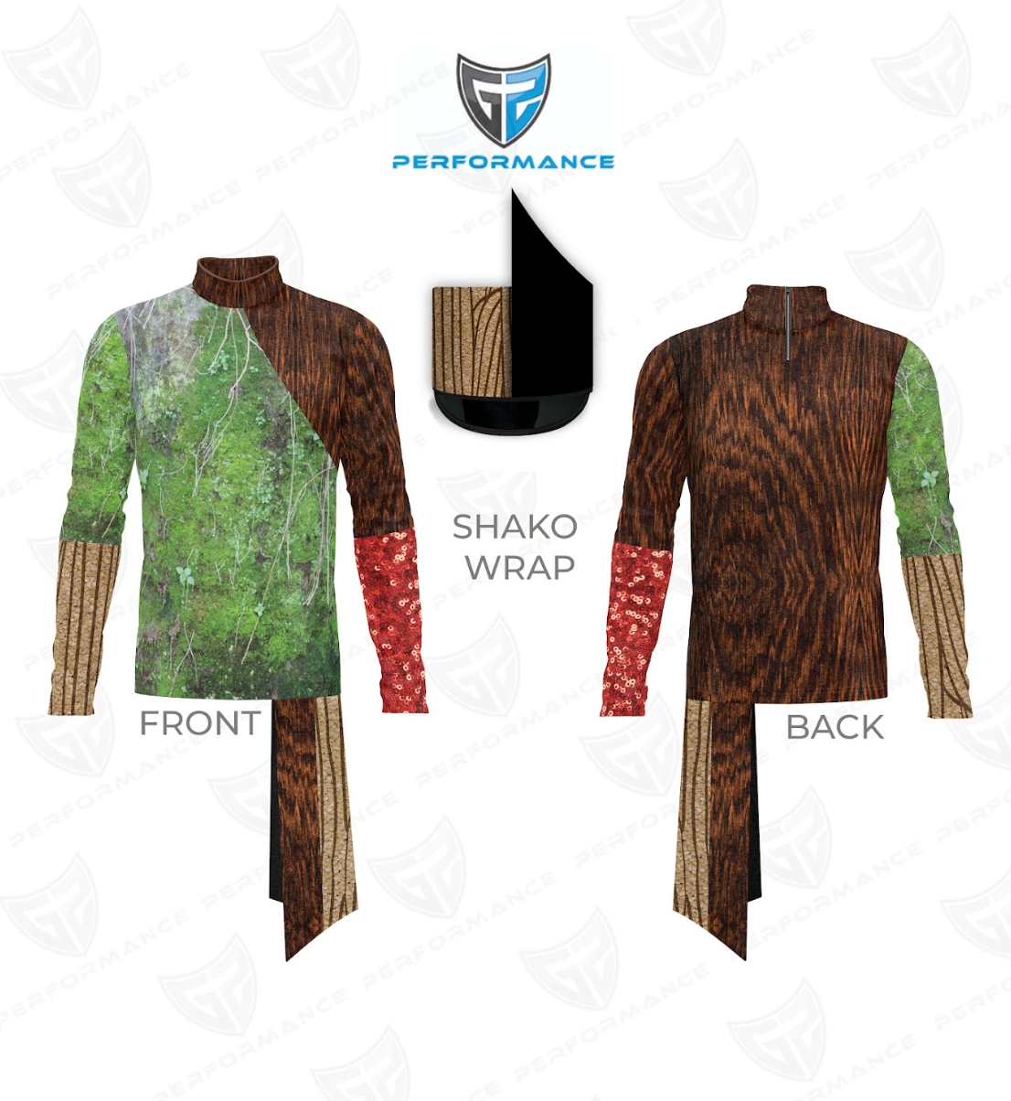 Shako wrap with front and back views on a white background, featuring the Performance logo.