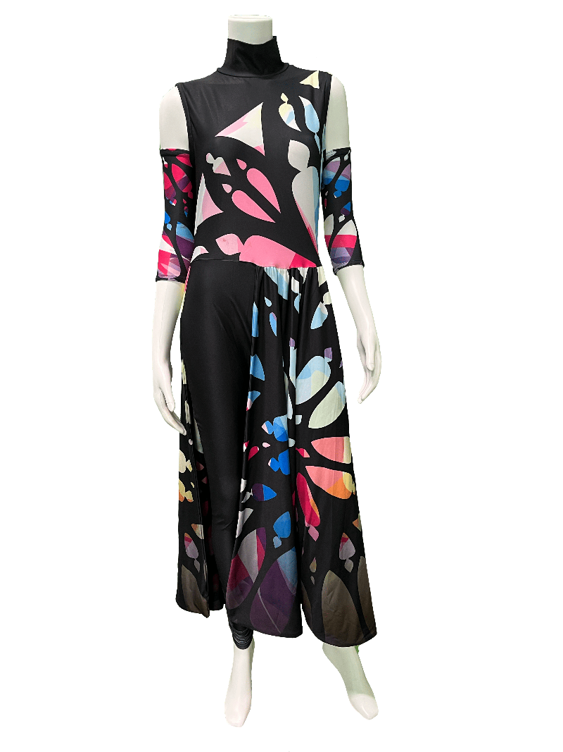 A black midi dress with a colorful abstract butterfly-wing pattern, displayed on a white mannequin against a solid black background.