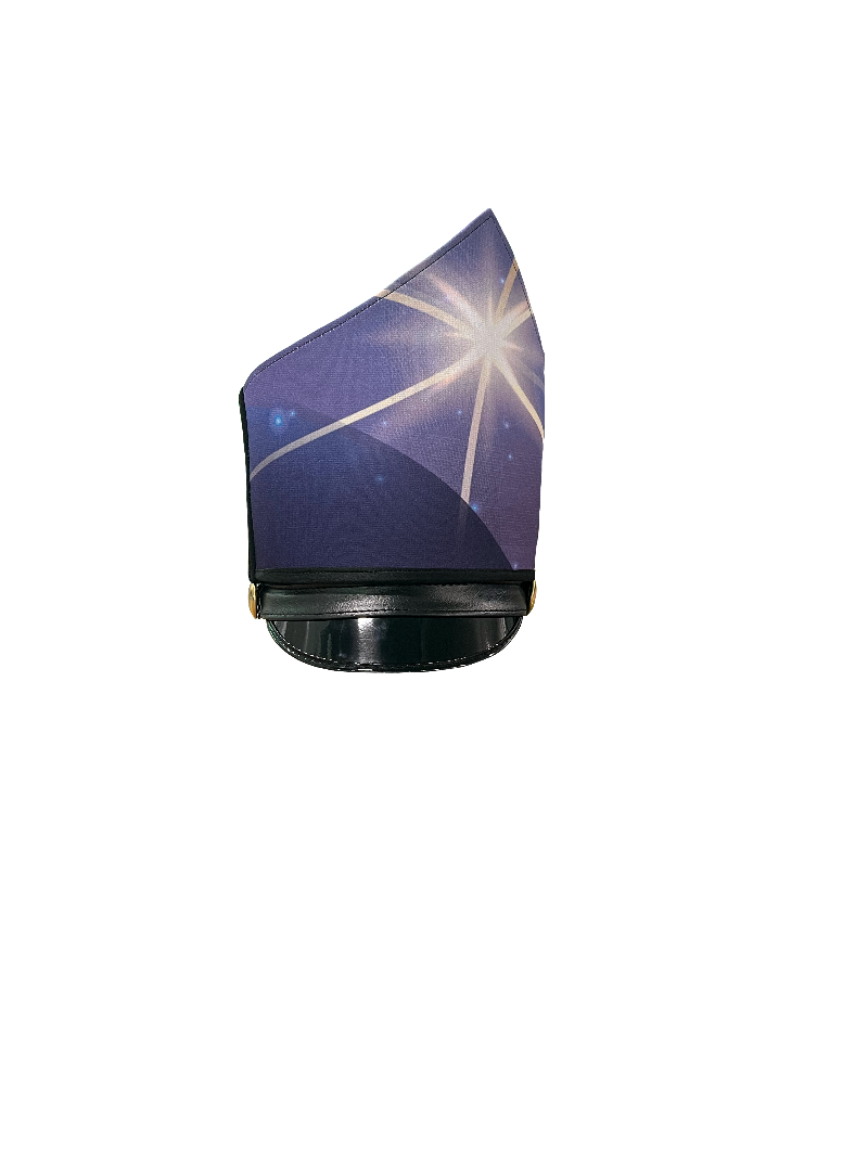 A purple starburst-patterned shako wrap designed for uniforms, on a plain background.