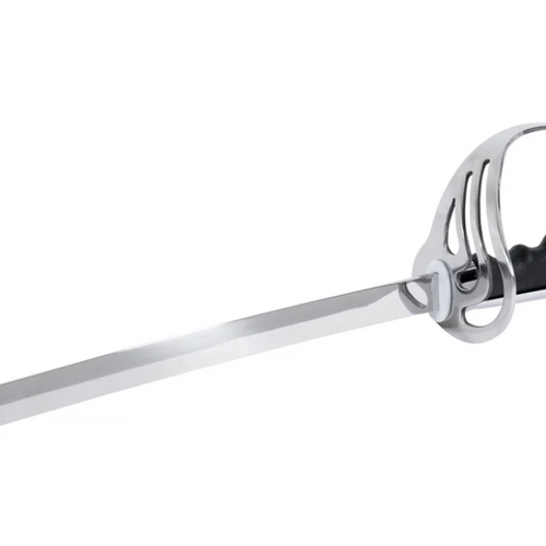 Styleplus Zaber featuring a polished metal blade with sculpted hand guard and black ergonomic grip, designed for color guard and marching band sabre performances.