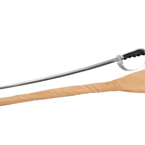 Styleplus Zaber sabre with polished metal blade and black ergonomic grip, shown alongside a protective storage sleeve, designed for color guard and marching band sabre performances.