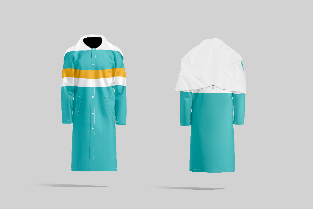 TempoShield Raincoat T2 shown in front and back views, featuring a teal full-length waterproof marching band raincoat with white shoulder cape, gold and white horizontal chest stripes, snap-button front closure, and rear cape zipper for enhanced weather protection and performance use.