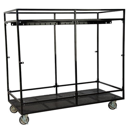 DSI EZ Mover uniform rack with heavy-duty steel frame, dual hanging bars, mesh lower shelf, and swivel caster wheels, designed for efficient storage and easy transport of marching band uniforms and performance costumes.