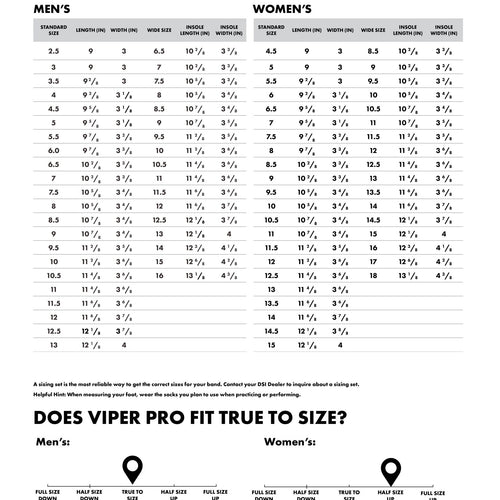 DSI Viper Marching Shoes PRO size chart showing men’s and women’s shoe sizing measurements, including foot length, width, wide size options, insole length and width, with a true-to-size fit guide for marching band, drum corps, and performance footwear selection.