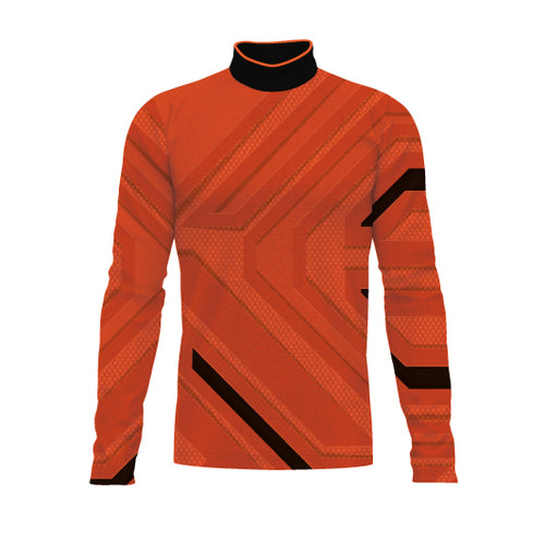 Flow Flex Top FG034.2 performance marching band top in orange with black accents, long sleeve athletic uniform design