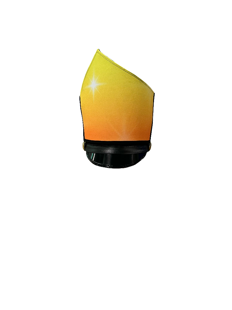 A vibrant yellow to orange gradient shako wrap with a dazzling starburst design, designed for a snug and secure fit.