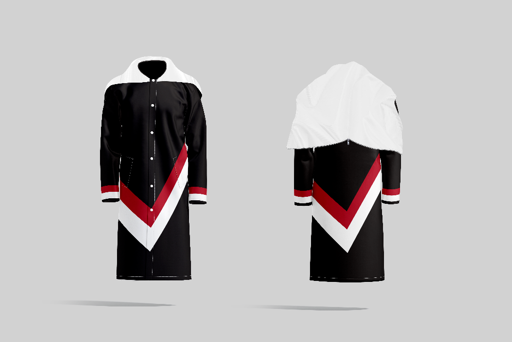 TempoShield Raincoat T6 front and back view showcasing a full-length black marching band raincoat with snap-button front closure, white shoulder cape, bold red and white V-chevron panel design, striped sleeve cuffs, and durable waterproof construction ideal for outdoor marching band performances in rainy conditions.
