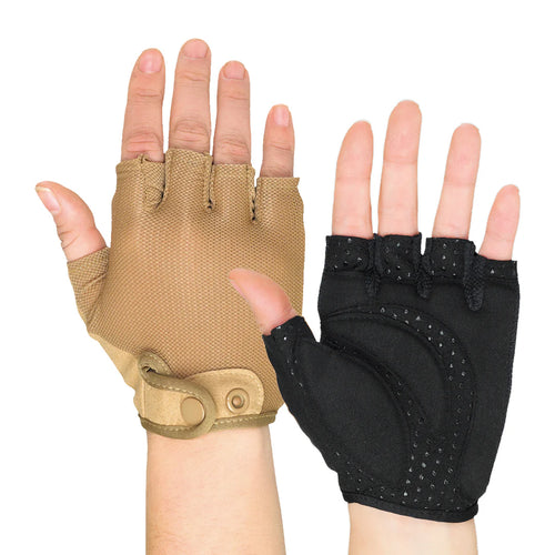 StylePlus Grip Factor Gloves featuring fingerless tactical design, shown in tan and black variants, with breathable fabric, reinforced grip palm, adjustable wrist strap, and anti-slip padding, ideal for marching band, color guard, military training, fitness, and precision handling applications.