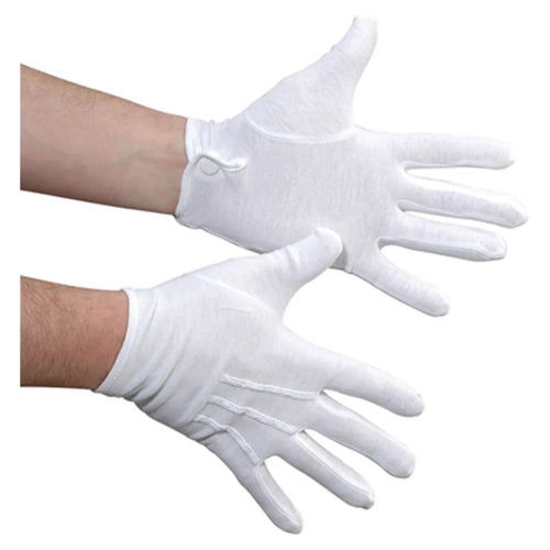 StylePlus Cotton Military Gloves with snap closure in white, featuring full-finger cotton construction, smooth finish, secure wrist snap, and tailored fit, ideal for military drill, marching band, honor guard, ceremonial uniforms, and precision performance use.