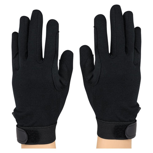 StylePlus Deluxe Cotton Military Gloves in black, featuring full-finger cotton fabric, smooth non-slip finish, reinforced palm and finger panels, and adjustable wrist strap, designed for military drill, marching band, honor guard, ceremonial uniforms, and precision performance use.