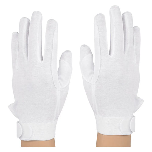 StylePlus Deluxe Cotton Military Gloves in white, featuring full-finger cotton construction, smooth uniform finish, reinforced palm panels, and adjustable wrist closure, ideal for military drill, marching band, ceremonial performances, and formal uniform use.