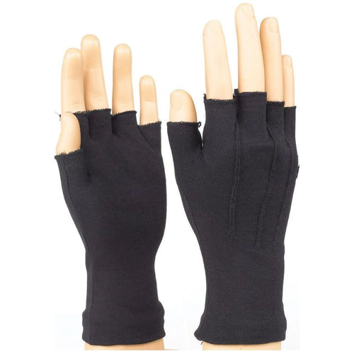 StylePlus long wrist fingerless cotton gloves in black, designed with soft breathable cotton, extended wrist coverage, and open-finger construction for superior grip, comfort, and flexibility—ideal for marching band, drumline, color guard, and performance applications.