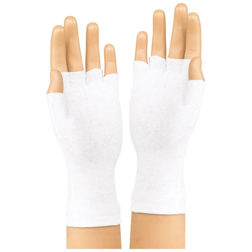 StylePlus long wrist fingerless cotton gloves in white, featuring a breathable cotton fabric, extended wrist coverage, and open-finger design for enhanced dexterity, comfort, and control—ideal for marching band, drumline, color guard, and performance use.