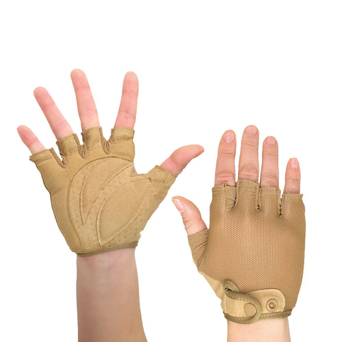 StylePlus Grip Factor Gloves in tan color featuring fingerless tactical design, breathable mesh fabric, reinforced padded palm with anti-slip grip, and adjustable snap wrist closure, ideal for marching band, color guard, military training, fitness, and high-dexterity performance use.
