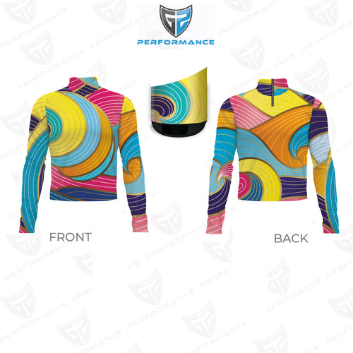 Colorful long-sleeve athletic shirt with abstract design, front and back views, on a white background with Performance logo.