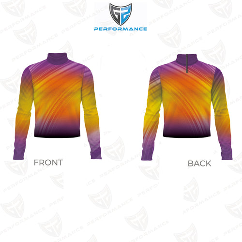 Flow Flex Top FG015.2 performance uniform front and back view with purple, orange, and yellow gradient long-sleeve mock neck design for marching band and athletic performance wear