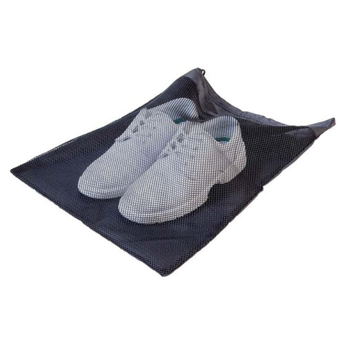 DSI Poly-Soft Shoe Bag with breathable mesh back, shown holding marching shoes, designed for drum corps and marching band footwear storage, allowing airflow for quick drying and odor control during rehearsals, travel, and performances.