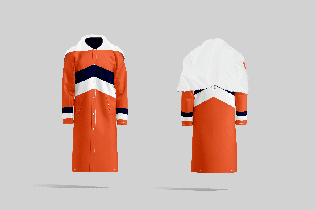 TempoShield Raincoat T5 front and back view featuring a full-length orange waterproof marching band raincoat with white shoulder cape, bold navy and white chevron stripe design across the chest and back, snap-button front closure, striped sleeve cuffs, and durable all-weather performance construction for outdoor band and performance use.