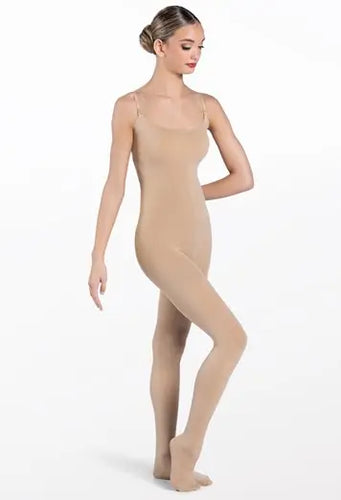 Convertible body tights for women in nude tone, featuring a full-length fitted design with adjustable straps and convertible foot option, ideal for dance, ballet, and stage performances.