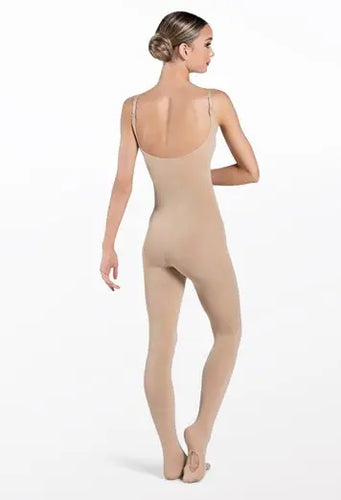 Back view of women’s convertible body tights in nude color, showcasing a sleek full-length fitted silhouette with adjustable shoulder straps and convertible foot opening, designed for ballet, dance practice, and stage performances.